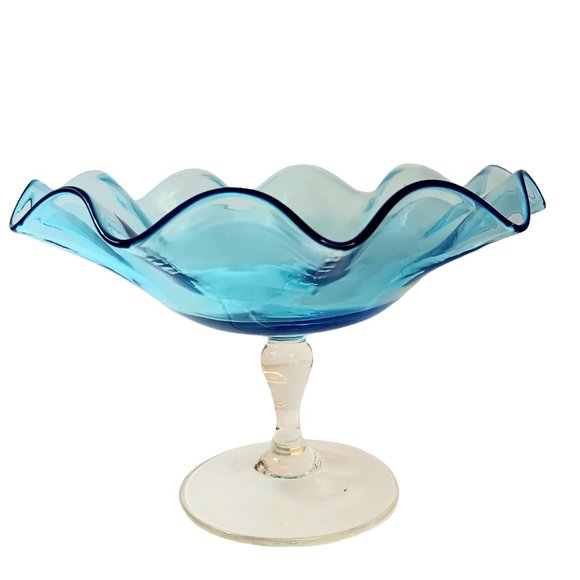 Blue Glass Hand Blown Ruffled Candy Compote Dish Clear Stem Mid-century Modern - Picture 2 of 12